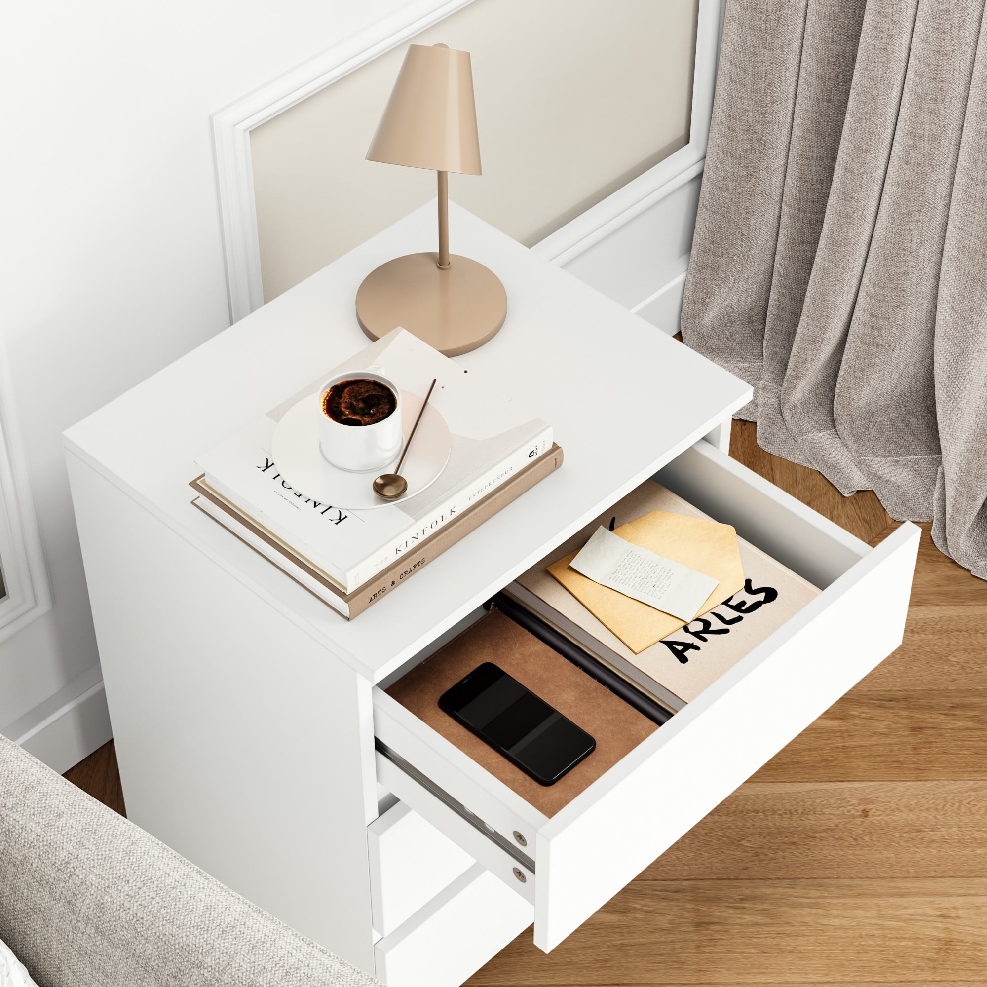 White Nightstand with 3 Drawers Set of 2, Sofa Table for Living Room, Modern Wooden Storage Cabinet for Bedroom