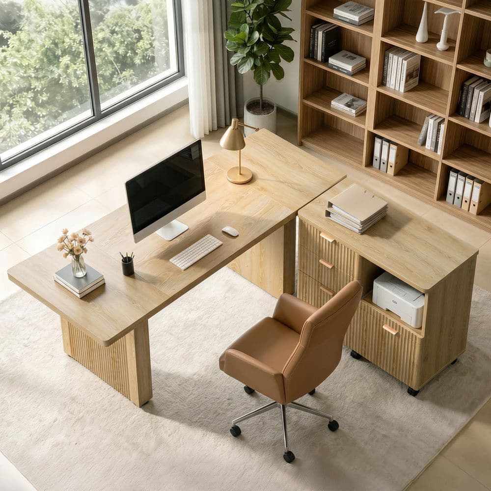 63 In. Rectangular Natural Oak Fluted Executive Desk with Ribbed Pedestal Base, Modern Large Office Desk