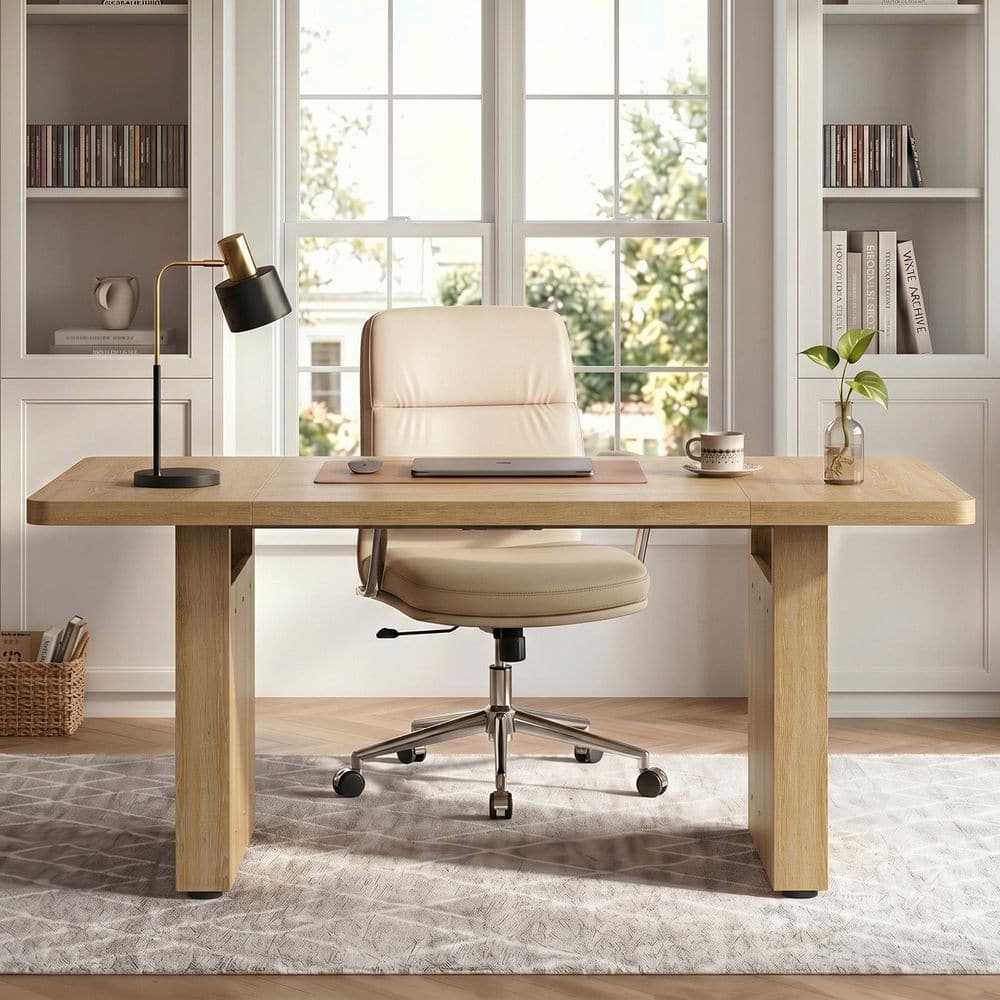 63 In. Rectangular Natural Oak Fluted Executive Desk with Ribbed Pedestal Base, Modern Large Office Desk