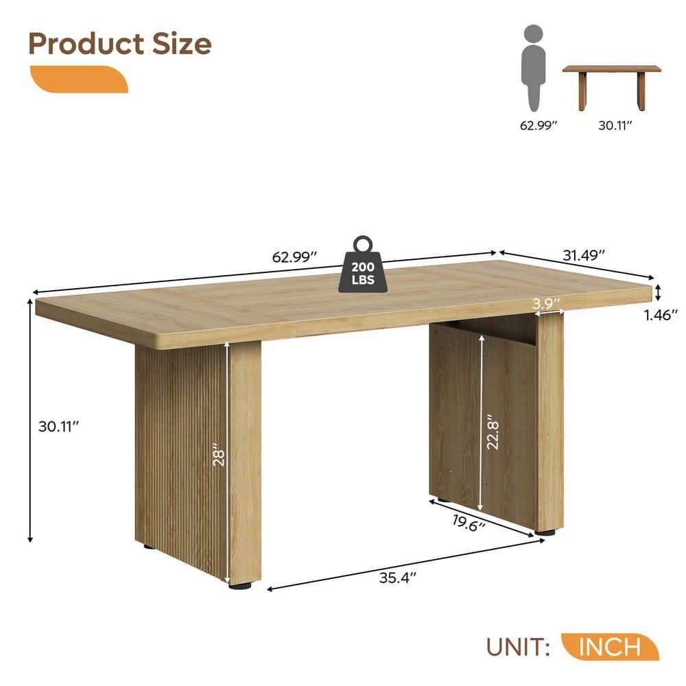 63 In. Rectangular Natural Oak Fluted Executive Desk with Ribbed Pedestal Base, Modern Large Office Desk