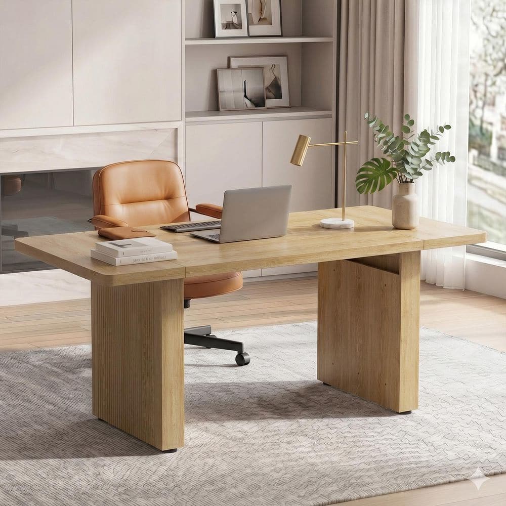 63 In. Rectangular Natural Oak Fluted Executive Desk with Ribbed Pedestal Base, Modern Large Office Desk