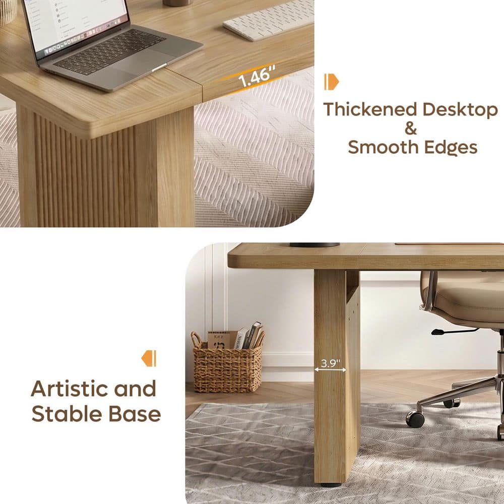 63 In. Rectangular Natural Oak Fluted Executive Desk with Ribbed Pedestal Base, Modern Large Office Desk