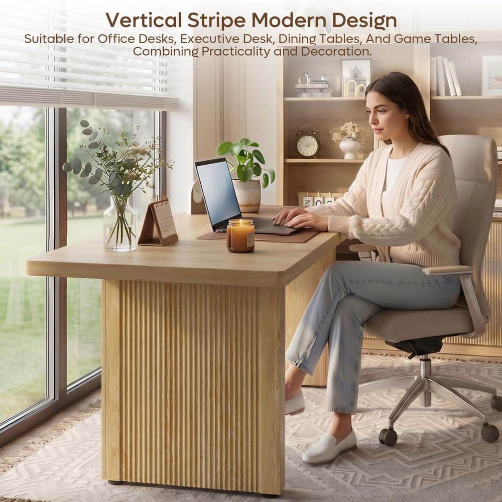 63 In. Rectangular Natural Oak Fluted Executive Desk with Ribbed Pedestal Base, Modern Large Office Desk