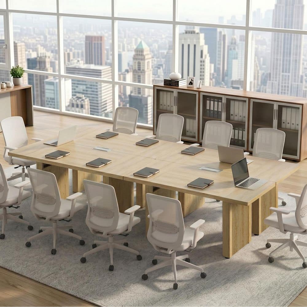 63 In. Rectangular Natural Oak Fluted Executive Desk with Ribbed Pedestal Base, Modern Large Office Desk