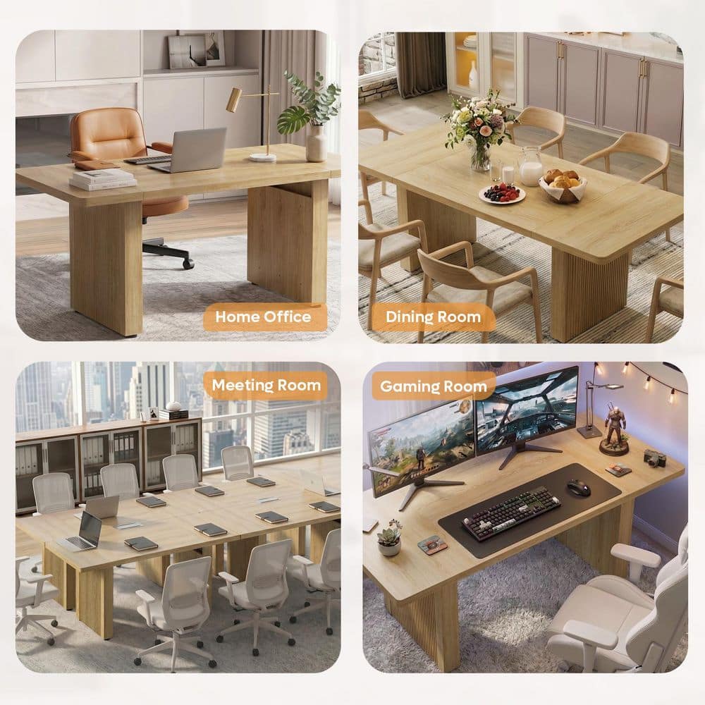 63 In. Rectangular Natural Oak Fluted Executive Desk with Ribbed Pedestal Base, Modern Large Office Desk
