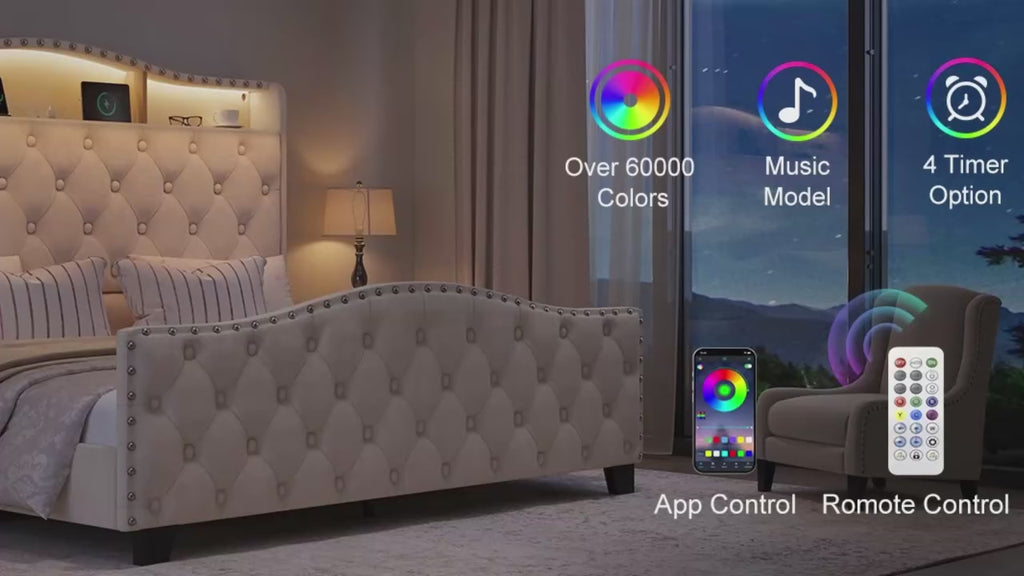 Belffin King Size Velvet Wingback Bed Frame with LED Lights & Charging Station