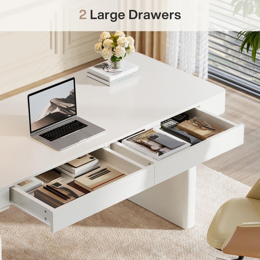 63 In. Rectangular Warm White Wood 2-Drawer Office Desk, Modern Elegant Executive Desk Writing Table