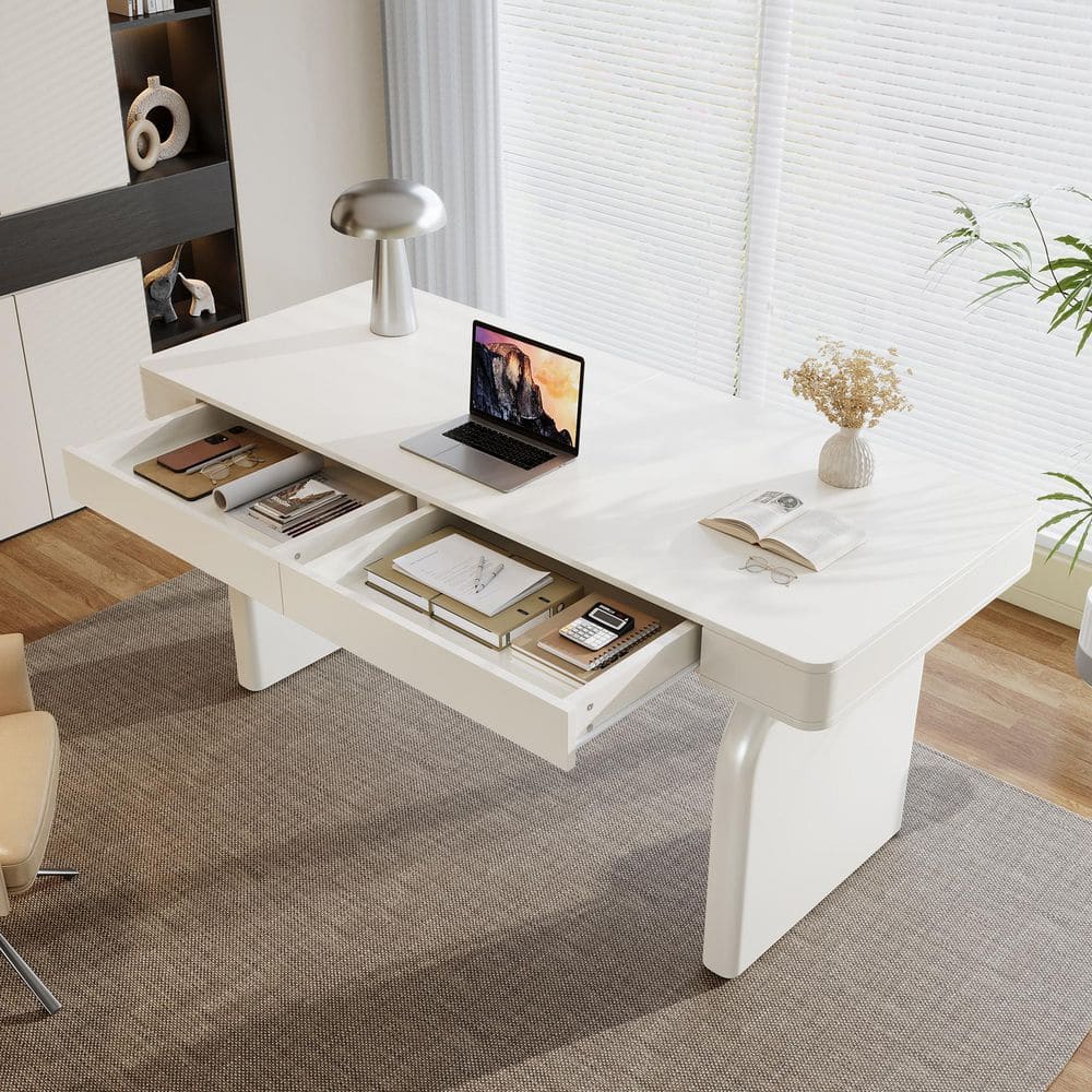 63 In. Rectangular Warm White Wood 2-Drawer Office Desk, Modern Elegant Executive Desk Writing Table