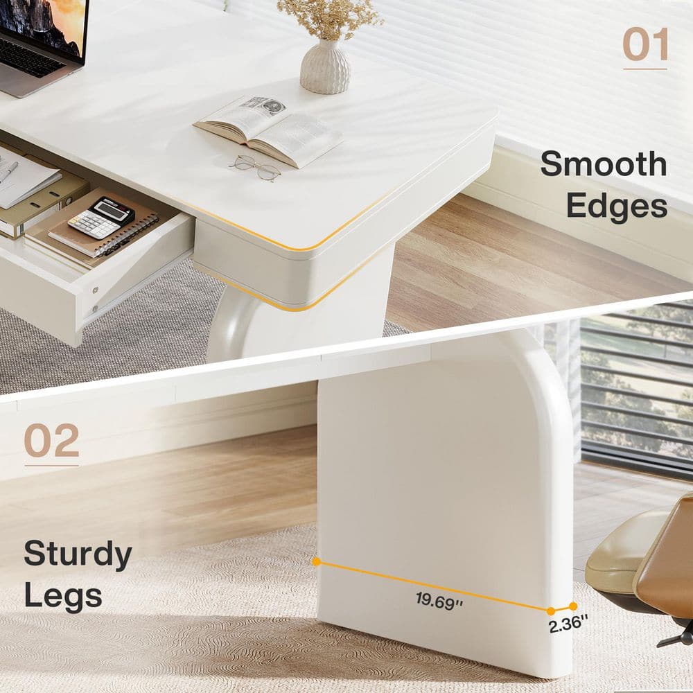 63 In. Rectangular Warm White Wood 2-Drawer Office Desk, Modern Elegant Executive Desk Writing Table