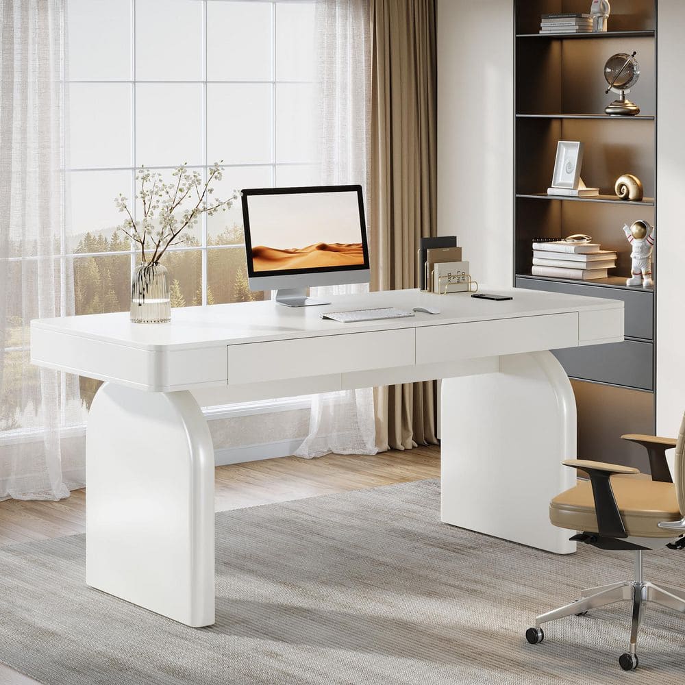 63 In. Rectangular Warm White Wood 2-Drawer Office Desk, Modern Elegant Executive Desk Writing Table
