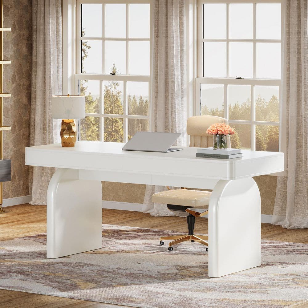 63 In. Rectangular Warm White Wood 2-Drawer Office Desk, Modern Elegant Executive Desk Writing Table