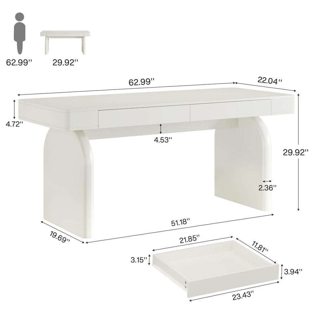 63 In. Rectangular Warm White Wood 2-Drawer Office Desk, Modern Elegant Executive Desk Writing Table