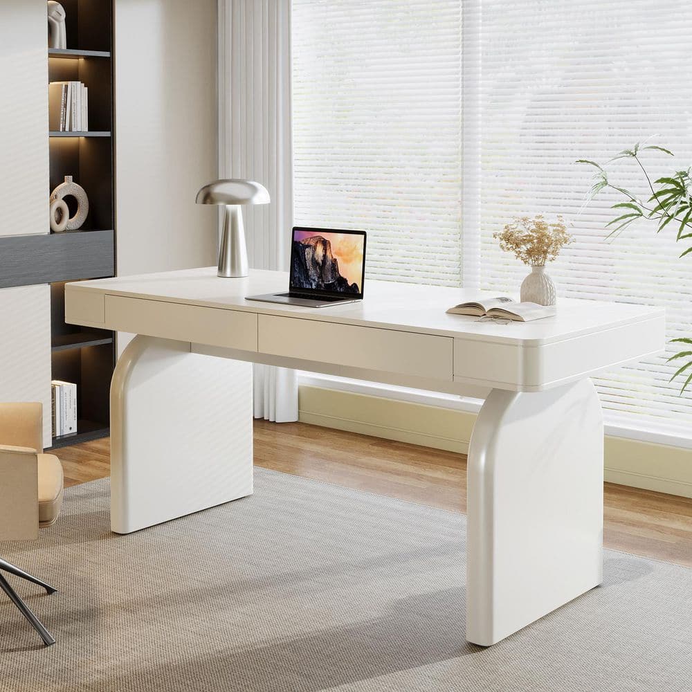 63 In. Rectangular Warm White Wood 2-Drawer Office Desk, Modern Elegant Executive Desk Writing Table